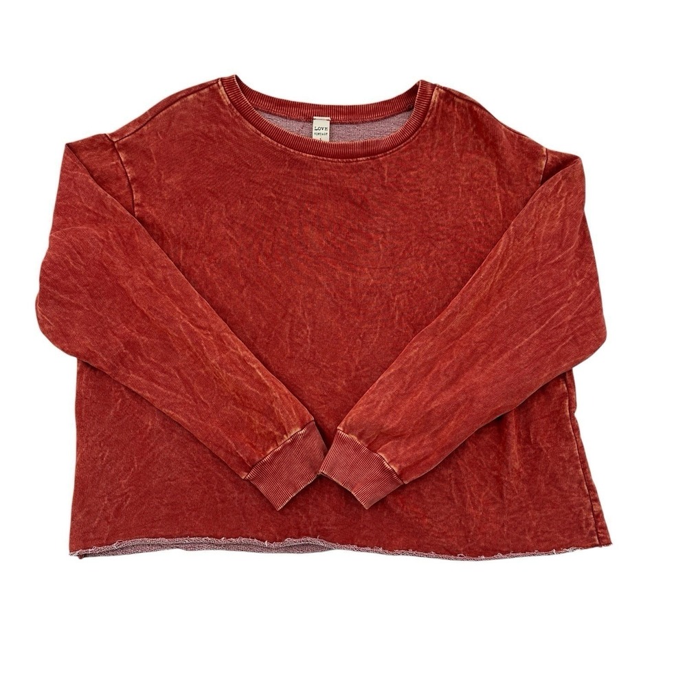 Love Vintage Women Large Acid Wash Sweatshirt Rust Red Raw Hem Boxy Pullover